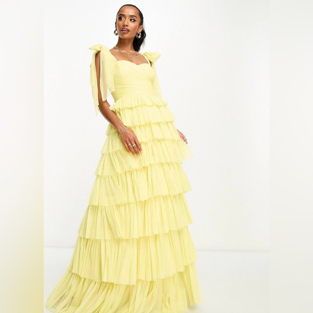 Tiered tie shoulder maxi dress in lemon 🍋
